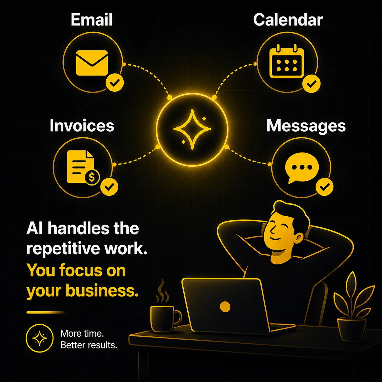 A friendly glowing AI orb at the center managing parallel work in the background: a replied email envelope, a sent invoice, a booked calendar meeting, and an answered chat bubble — illustrating an AI assistant handling repetitive tasks so the business owner is freed up.