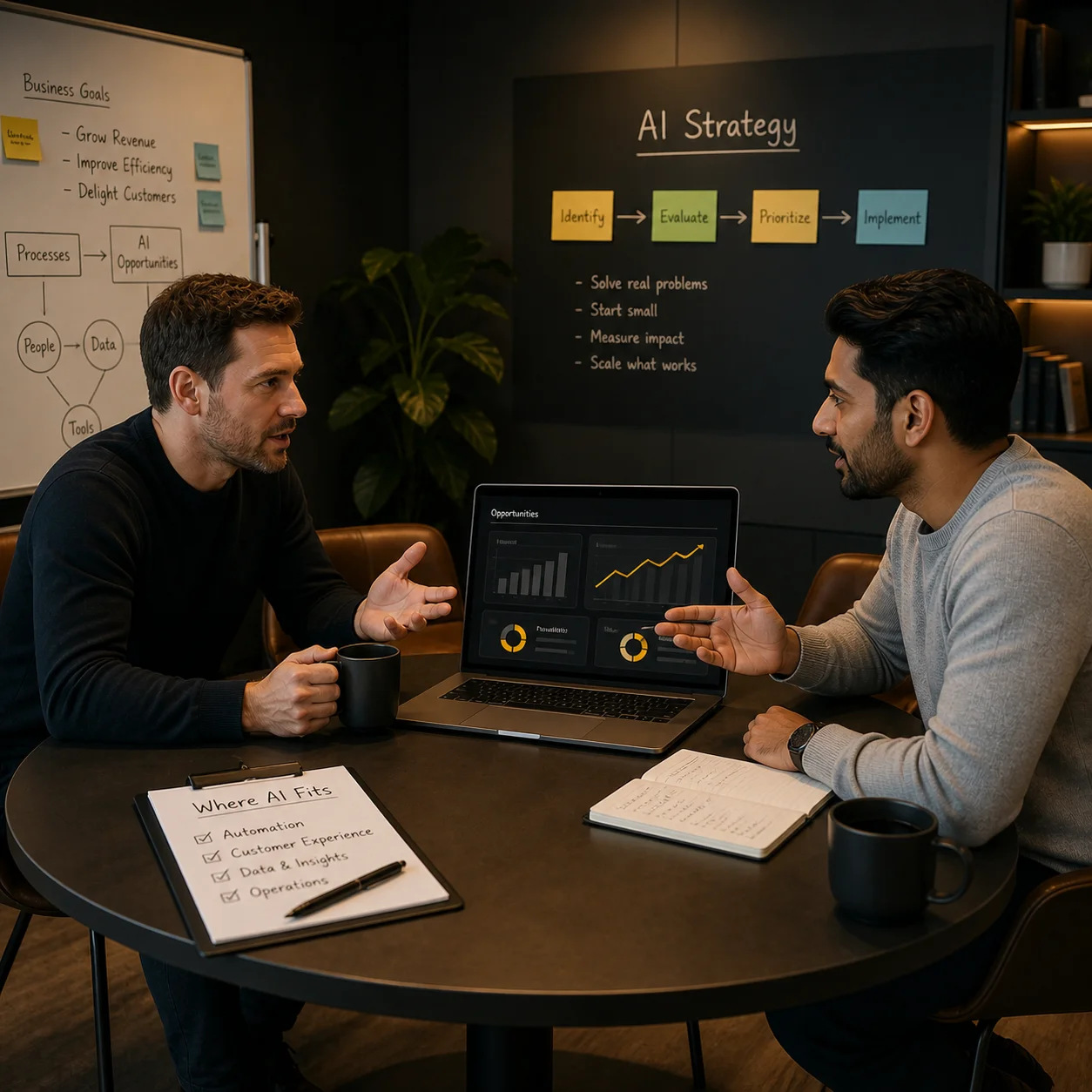 Two business owners sitting across a table with a laptop between them, friendly conversation atmosphere with floating AI and dashboard concept icons above the laptop, illustrating a discovery conversation about where AI fits in the business.