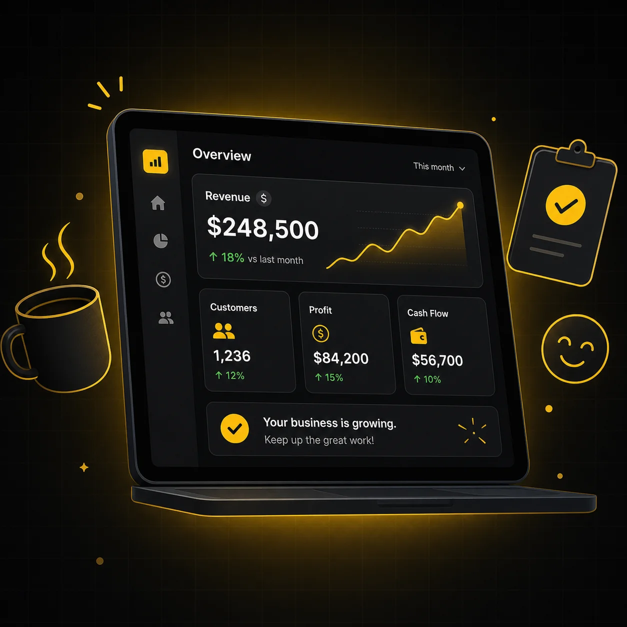 A clean tablet-style business dashboard showing a large revenue figure with an upward arrow, a trending line chart, and three KPI tiles, surrounded by a coffee cup, clipboard with a checkmark, and a calm smiling face icon to suggest stress-free clarity.